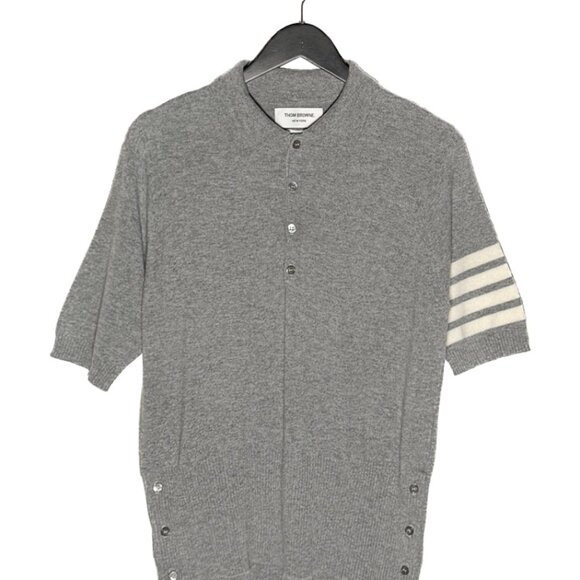 Thom Browne Grey Cashmere 4-Bar Short Sleeve Knit Polo Shirt - Picture 1 of 9
